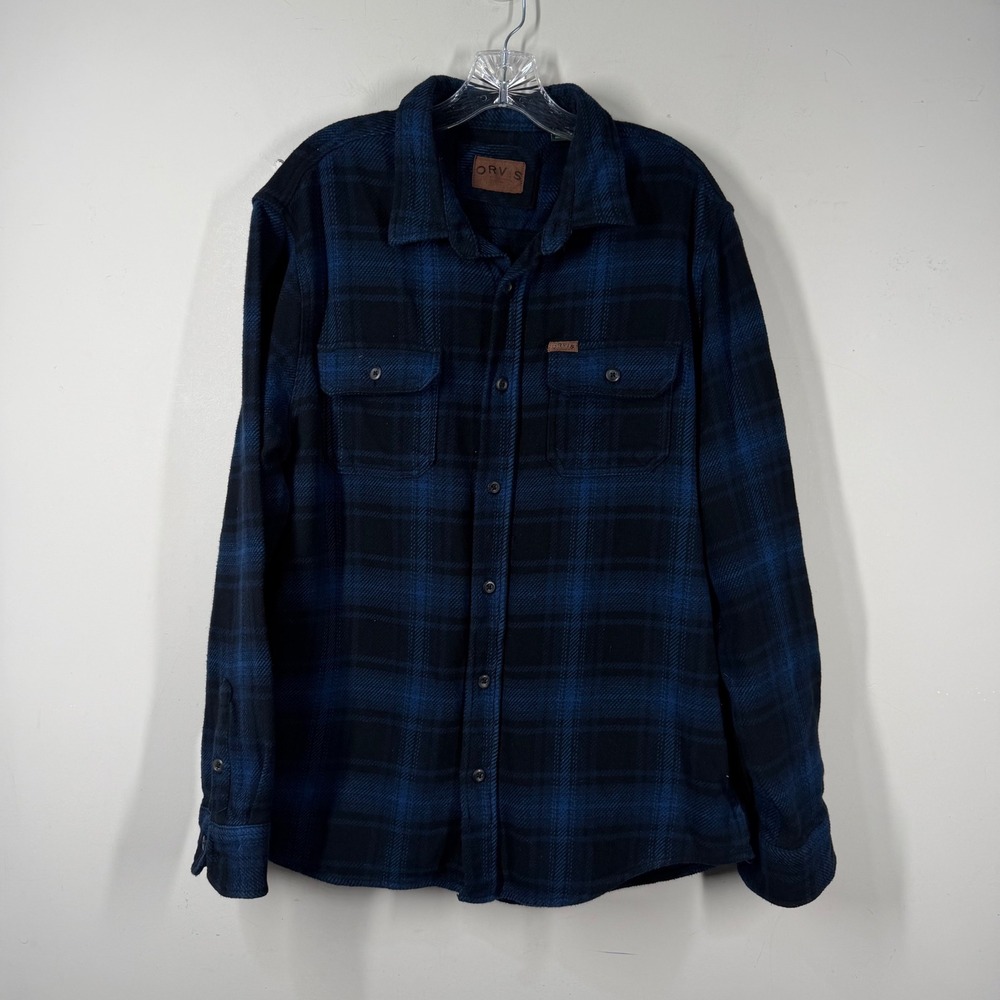 Orvis Mens Blue Black Plaid Flannel Shirt Jacket Button Down Sz XL Hand Pockets